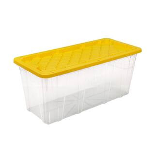 57 Gal. Tough Storage Tote in Clear with Yellow Lid | The Home Depot