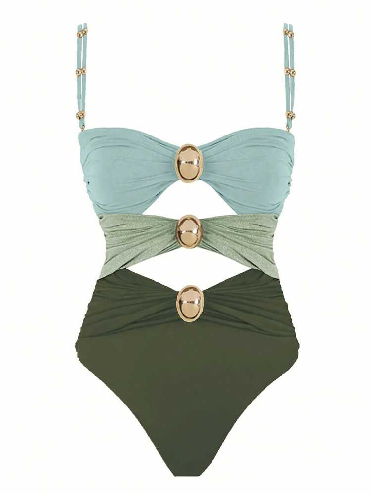 Women's Summer Contrast Color Hollow Out One-Piece Swimsuit | SHEIN