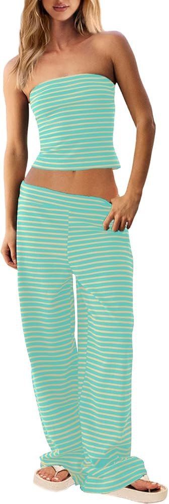 UNIANKIYA Womens Striped 2 Piece Lounge Set Strapless Tube Top and Wide Leg Pants Summer Beach Va... | Amazon (US)