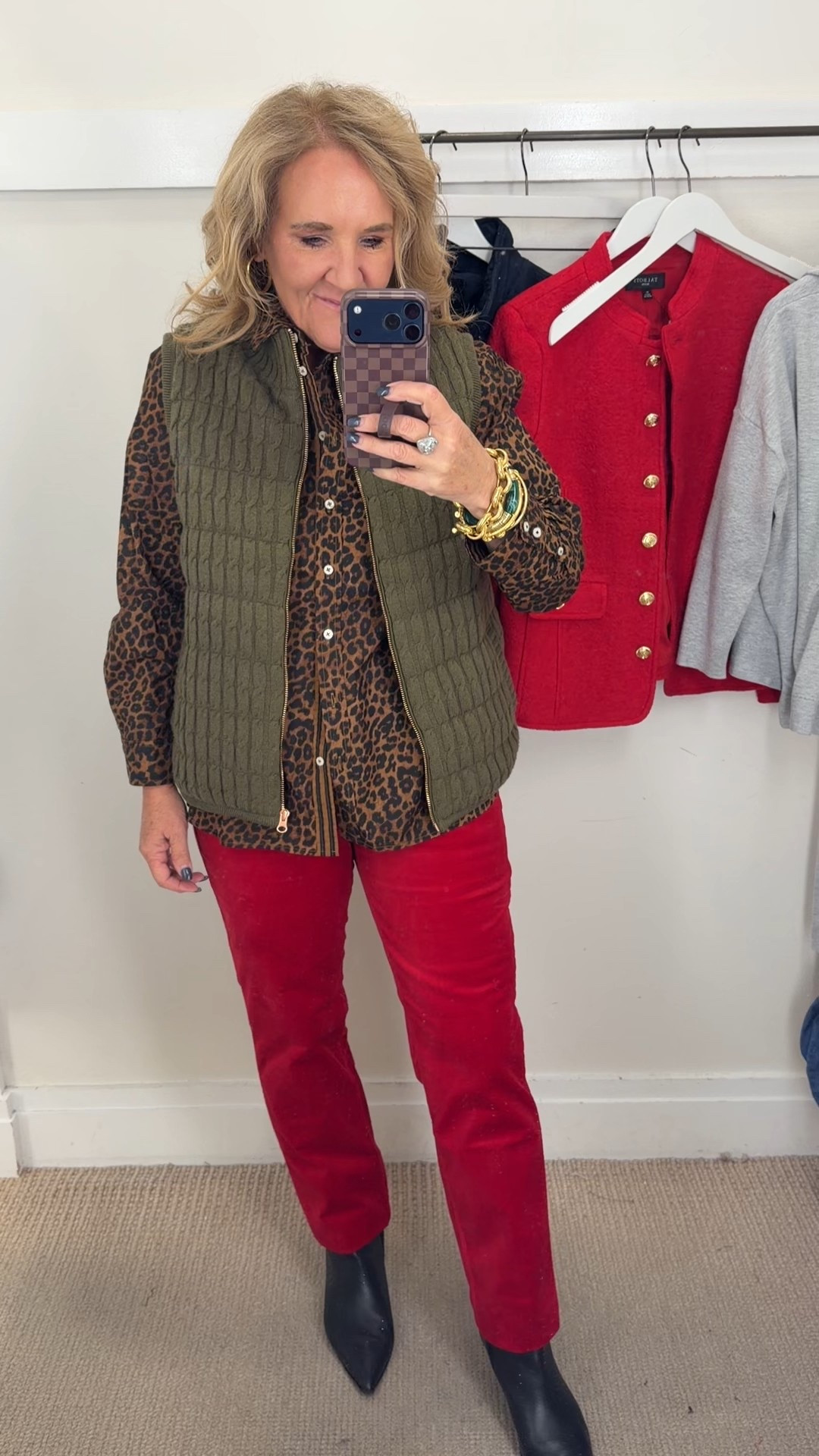 @talbots red velvet pants. These can be casual and be worn everyday. Wearing size 8 petite

I love red and olive. Add leopard and it’s a win! 

Red boiled wool blazer is gorgeous.  Highly recommend that. I’m wearing an 8 petite but would prefer a 10 petite
Blouses size medium
Vests size medium petite

#LTKOver40 #LTKHoliday #LTKSaleAlert