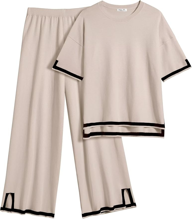Ekouaer Lounge Set for Women Travel Outfits 2 Piece Sets Short Sleeve Sweater Top Wide Leg Long P... | Amazon (US)