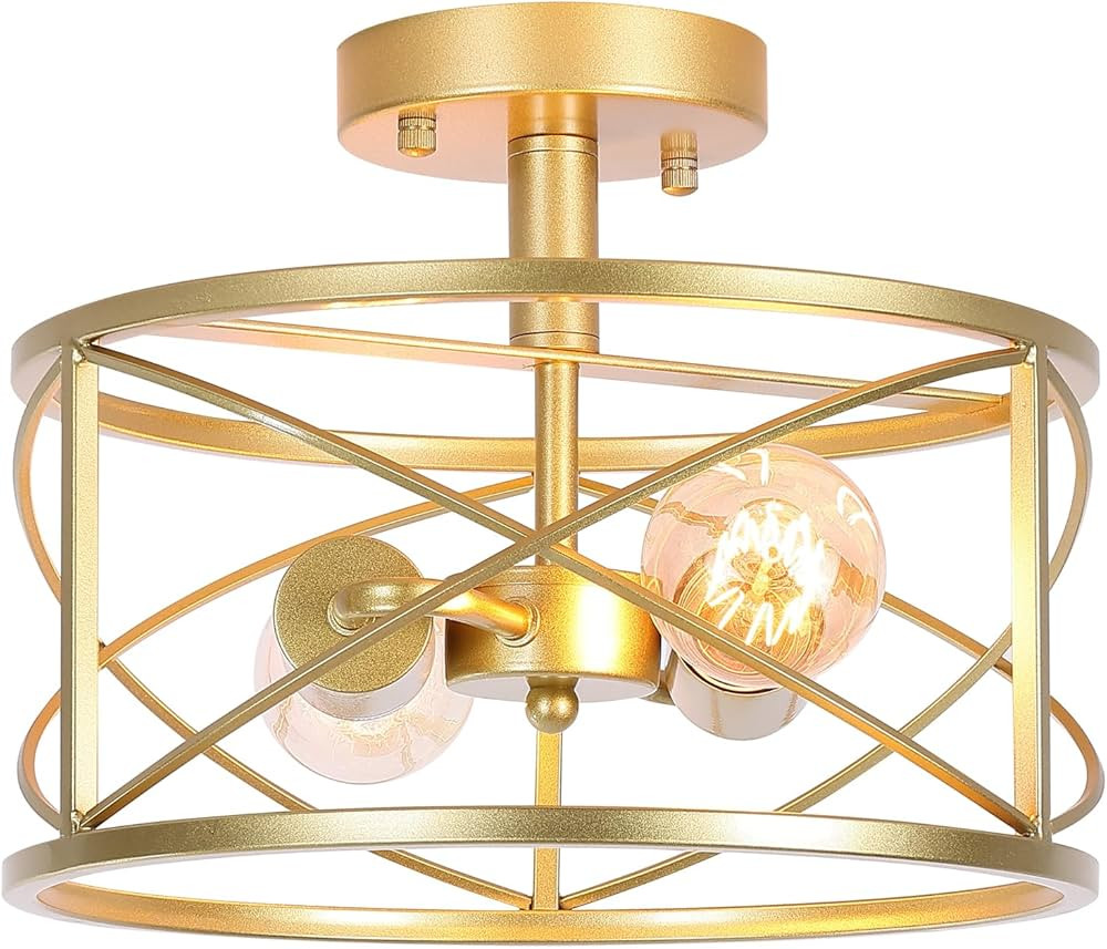 Gold Semi Flush Ceiling Light Fixture, 2-Light Farmhouse Flush Mount Light Fixtures, Modern Indus... | Amazon (US)