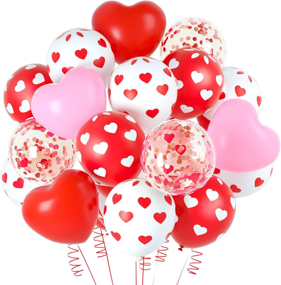 NEBURORA 60 Pieces Valentine's Day Pink and Red Heart Shaped Balloons Heart Print Balloons with C... | Amazon (CA)