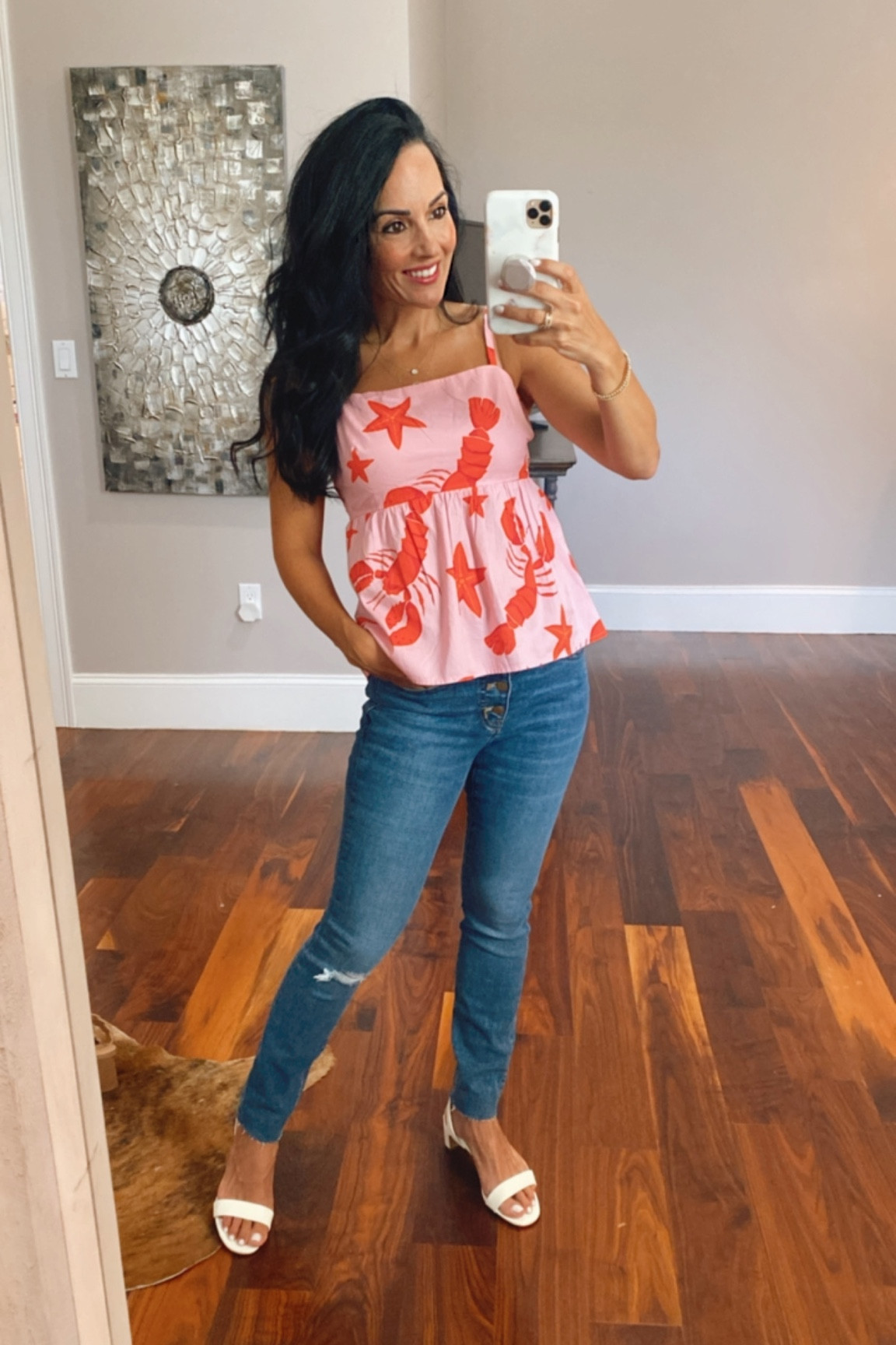 Peplum tank top with lobster print
Skinny jeans 
Strappy low heel sandal 

#LTKsalealert #LTKstyletip #LTKunder50