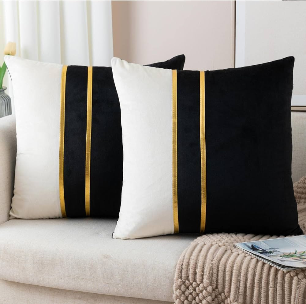 ZLINA Set of 2 Velvet Decorative Throw Pillow Covers Black White Patchwork with Gold Leather Pill... | Amazon (US)