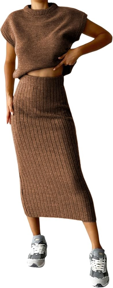 Zhiyouni Women's 2 Piece Sweater Sets Outfits Knit Vest Pullover Bodycon Maxi Skirts Loungewear | Amazon (US)