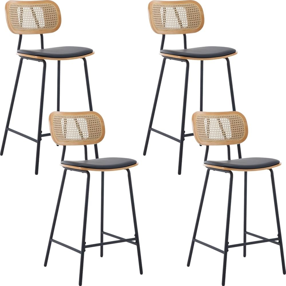Mid-Century Bar Stools Set of 4, 26 Inch PU Leather Barstools with Open Rattan Backrest Metal Leg... | Amazon (US)