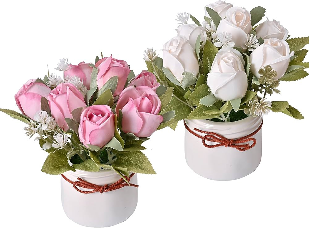 Artificial Rose Flower Pot, Faux Fake Pink Rose Flowers Bonsai in Ceramic Potted Silk Rose Flower... | Amazon (US)