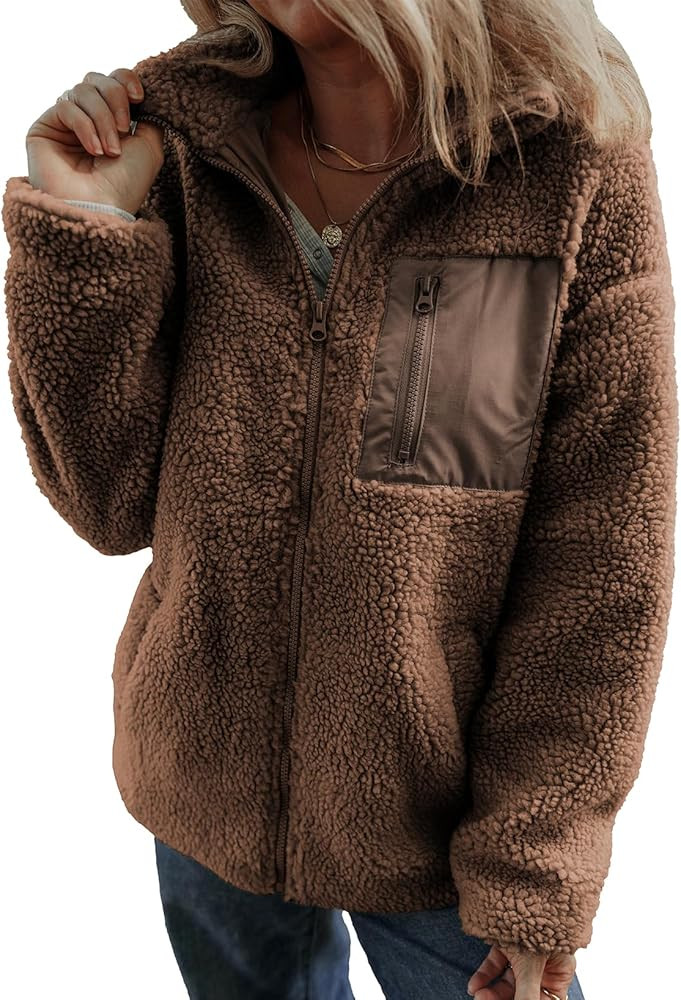 Dokotoo Womens Winter Trendy Full Zipper Fleece Jackets Long Sleeve Relaxed Warm Teddy Coats with... | Amazon (US)