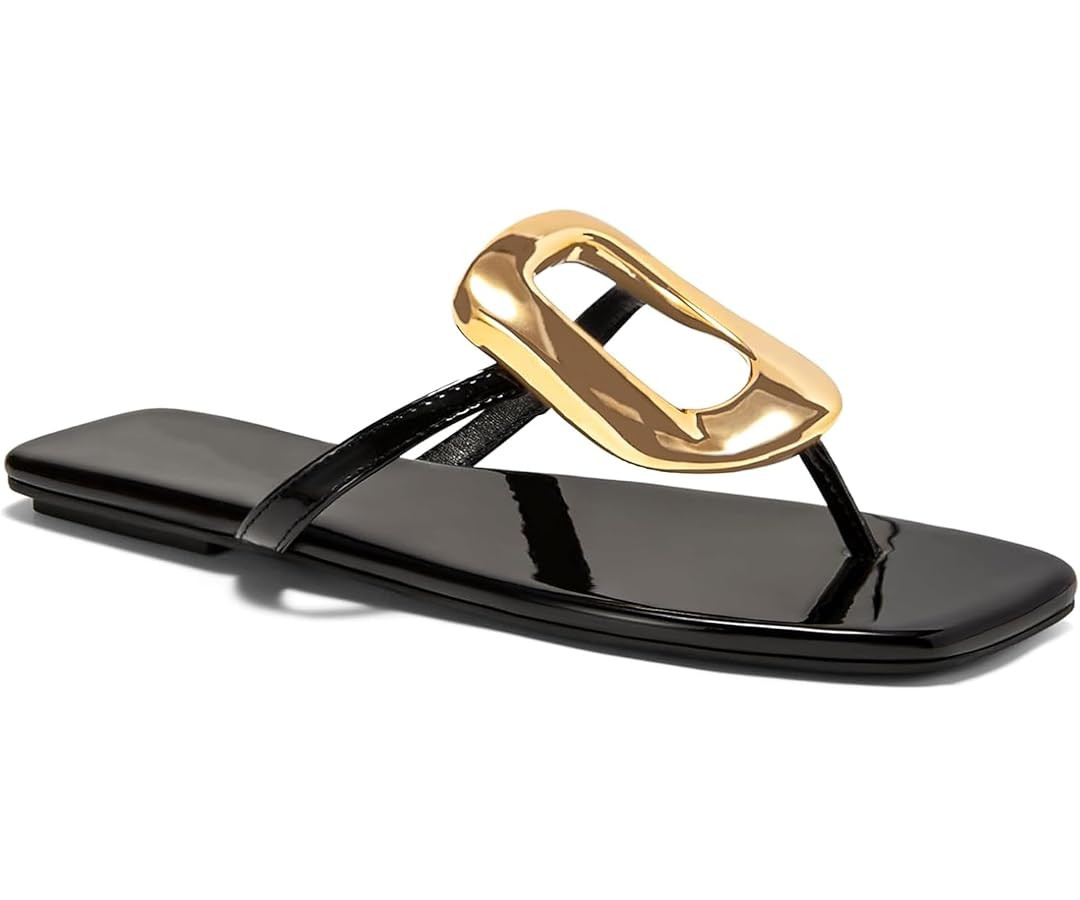 Womens Summer Square Toe Flip Flops Flat Sandals Slip On Shoes Slide Sandals with Gold Metal Deco... | Amazon (US)