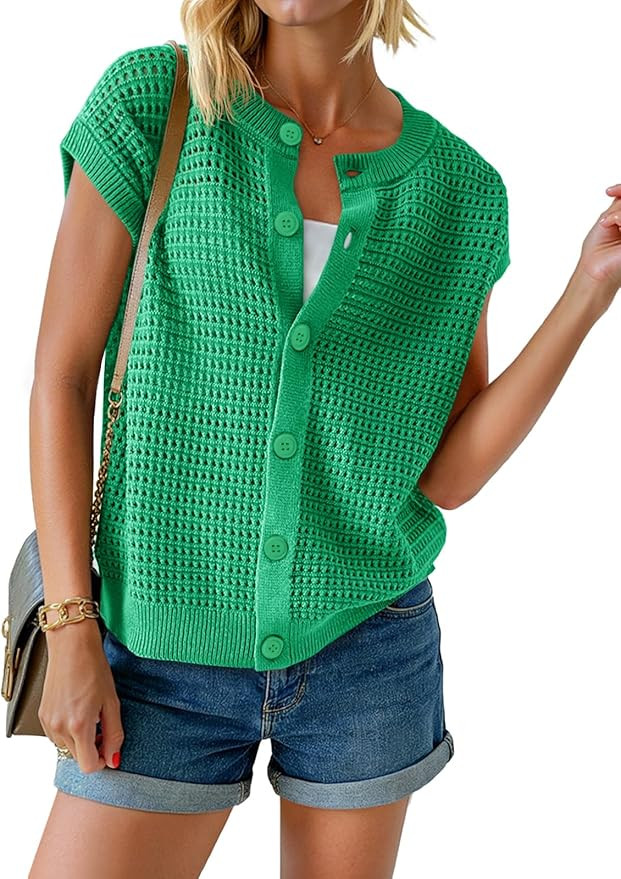 Saodimallsu Womens Short Cap Sleeve Sweater Vest Crochet Button Down Cardigans Crew Neck Summer K... | Amazon (US)