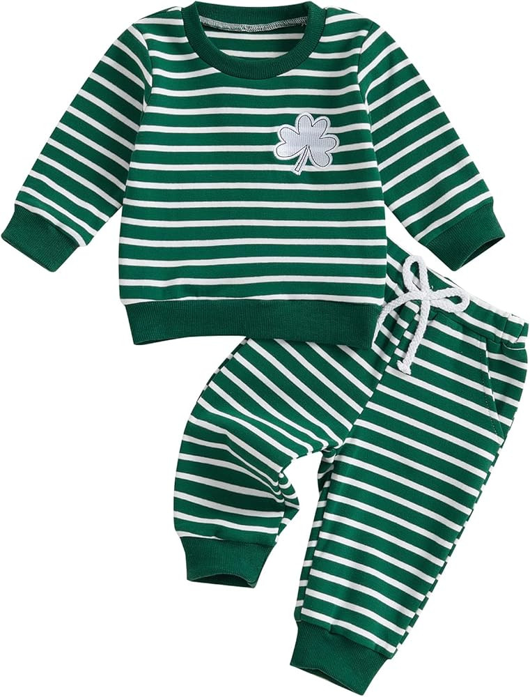 Karuedoo Infant Toddler Baby Boy Girl St Patricks Day Outfit Clover Embroidery Stripe Long Sleeve... | Amazon (US)