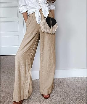 Womens Cotton Linen Palazzo Pants Drawstring Elastic Waist Casual Wide Leg Trousers with Pockets | Amazon (US)