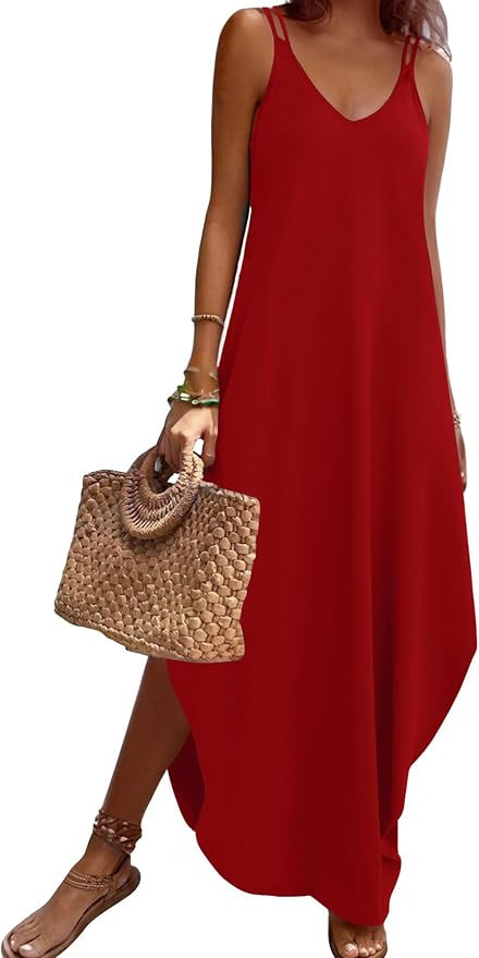 Zeagoo Women's Casual Sundress Summer Maxi Sleeveless V Neck Split Boho Beach Dress Travel Vacati... | Amazon (US)