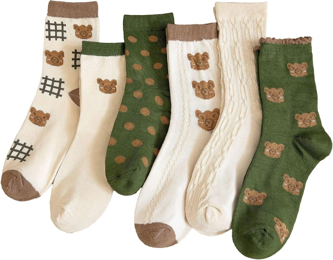 6 Pairs Cute Ankle Socks for Women Bear Patterned Preppy Ruffle Vintage Comfortable Cozy Crew Soc... | Amazon (US)