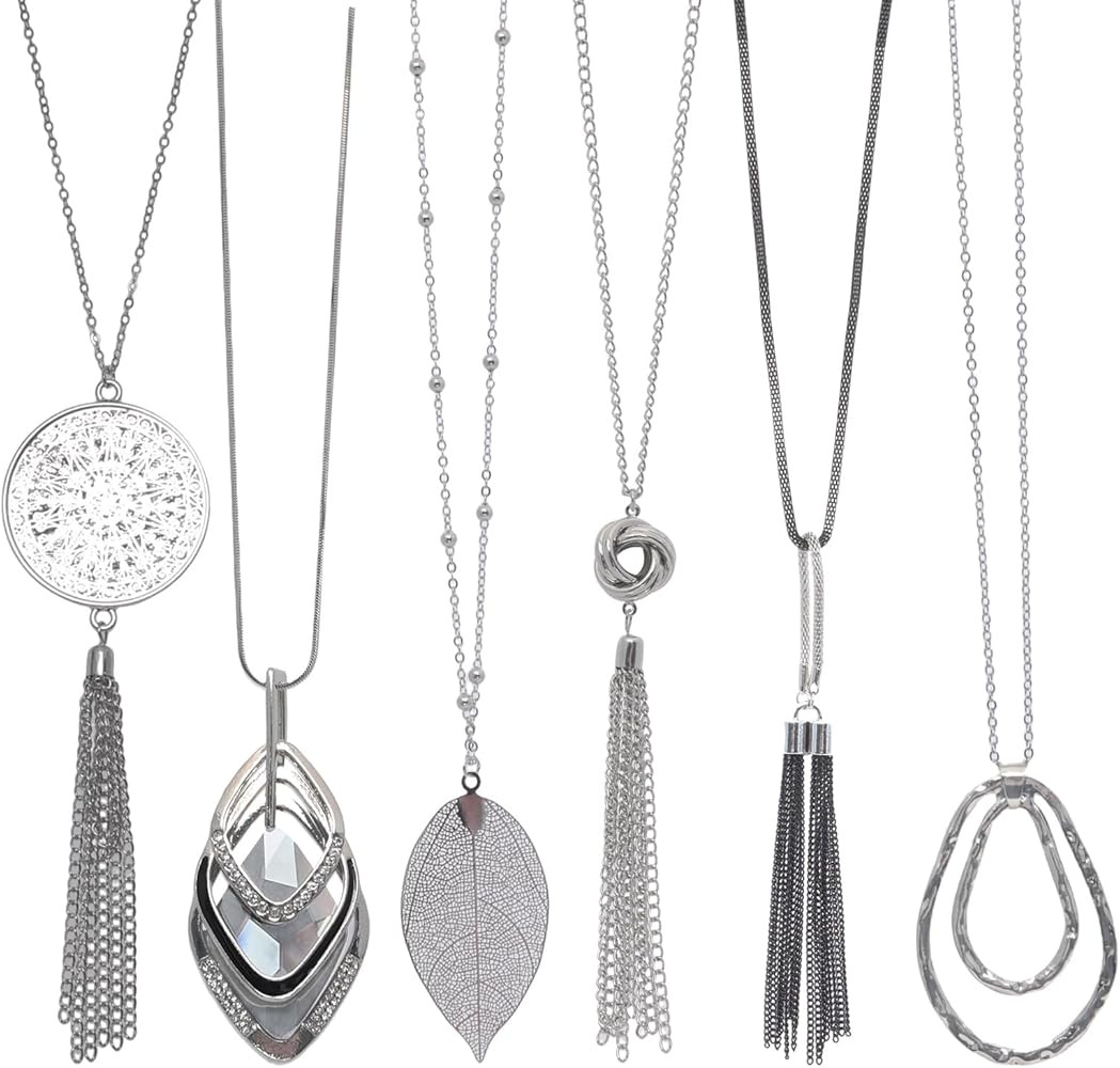 6Pcs Long Pendant Necklaces for Women Silver Long Statement Sweater Necklaces Tassel Disk Circle ... | Amazon (US)