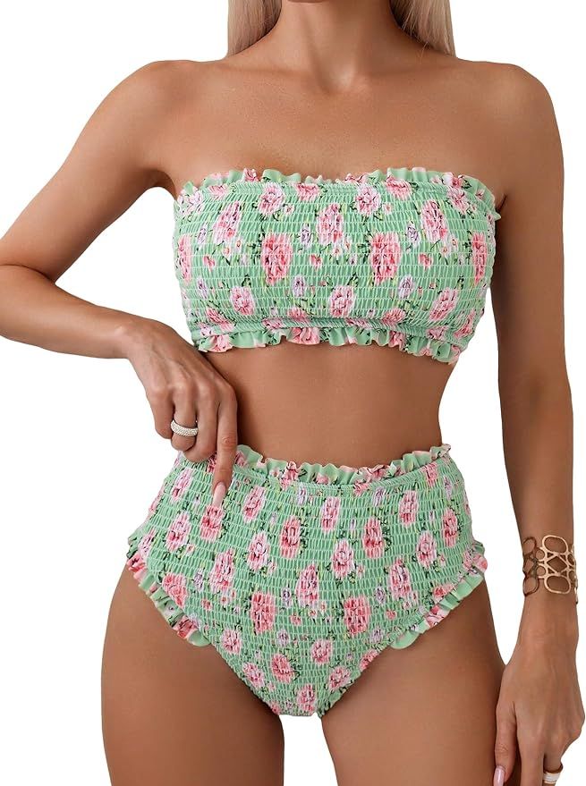 MakeMeChic Women's 2 Piece Bandeau Swimsuit Floral Ruffle Smocked Strapless High Cut Bikini Set B... | Amazon (US)