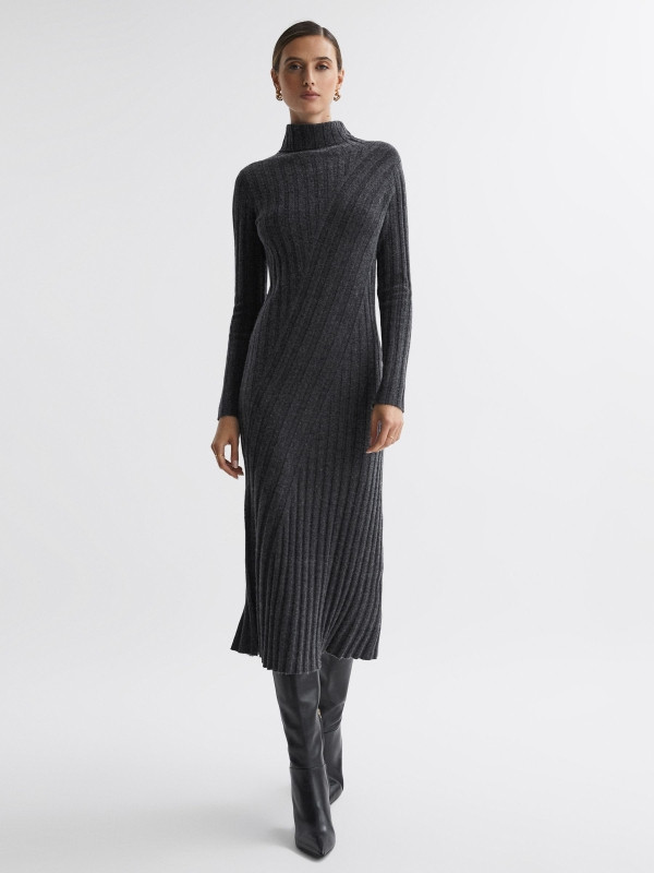 Reiss Charcoal Cady Fitted Knitted Midi Dress | Reiss UK