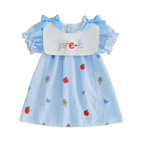 Toddler Girl Back to School Outfit Pre K Apple Pencil Short Sleeve Dress Little Kid Smocked Bubble Clothes (Sky Blue, 3-4 Years) | Amazon (US)