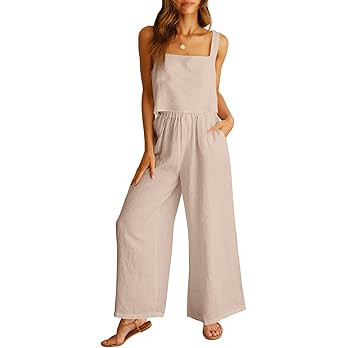 ANRABESS Women's 2 Piece Outfits Linen Pants Jumpsuit Matching Lounge Set Casual Summer Beach Vac... | Amazon (US)