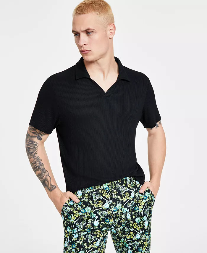 I.N.C. International Concepts Men's Regular-Fit Ribbed-Knit Open Collar Polo Shirt, Created for M... | Macys (US)