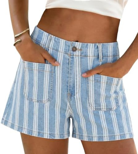 Cicy Bell Womens Summer Striped Shorts High Waisted Jorts Wide Leg Jeans | Amazon (US)