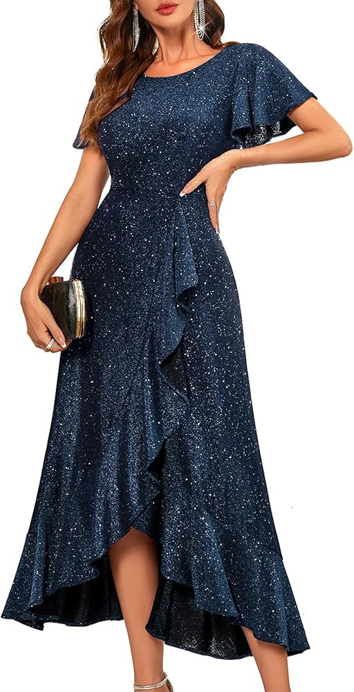 BeryLove Women Sequin Formal Party Dress Flutter Short Sleeve Wedding Cocktail Long Evening Dress | Amazon (US)
