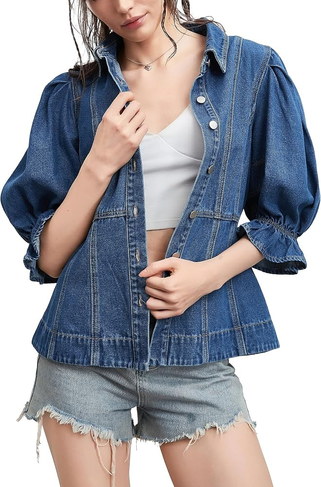 D-Sun Women Short Sleeves Denim Shirt V-Neck Puff Sleeve Button Down Jean Shirt Jacket Fashion Co... | Amazon (US)