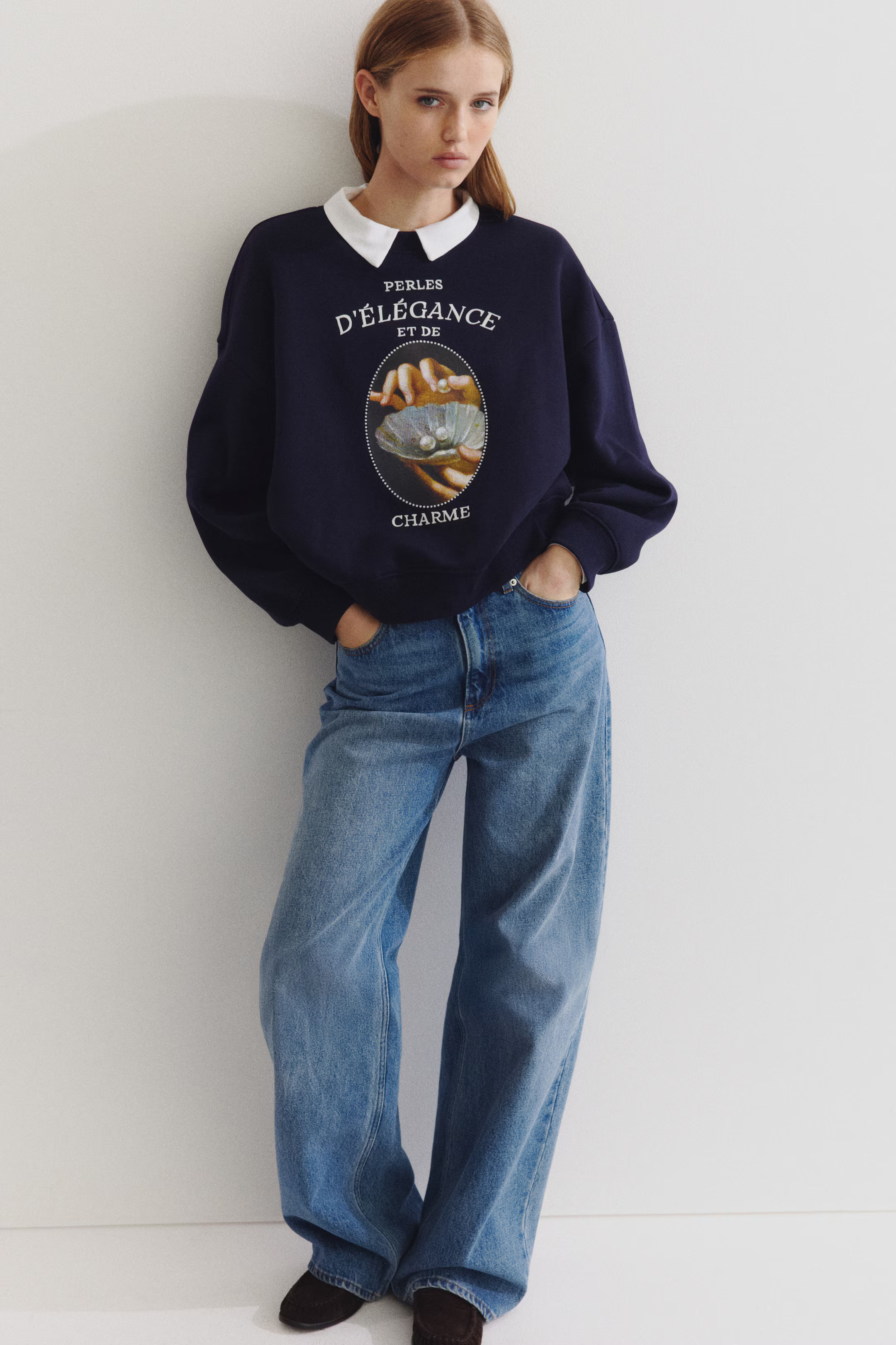 Sweatshirt with Motif - Navy blue/Perles - Ladies | H&M US | H&M (US + CA)