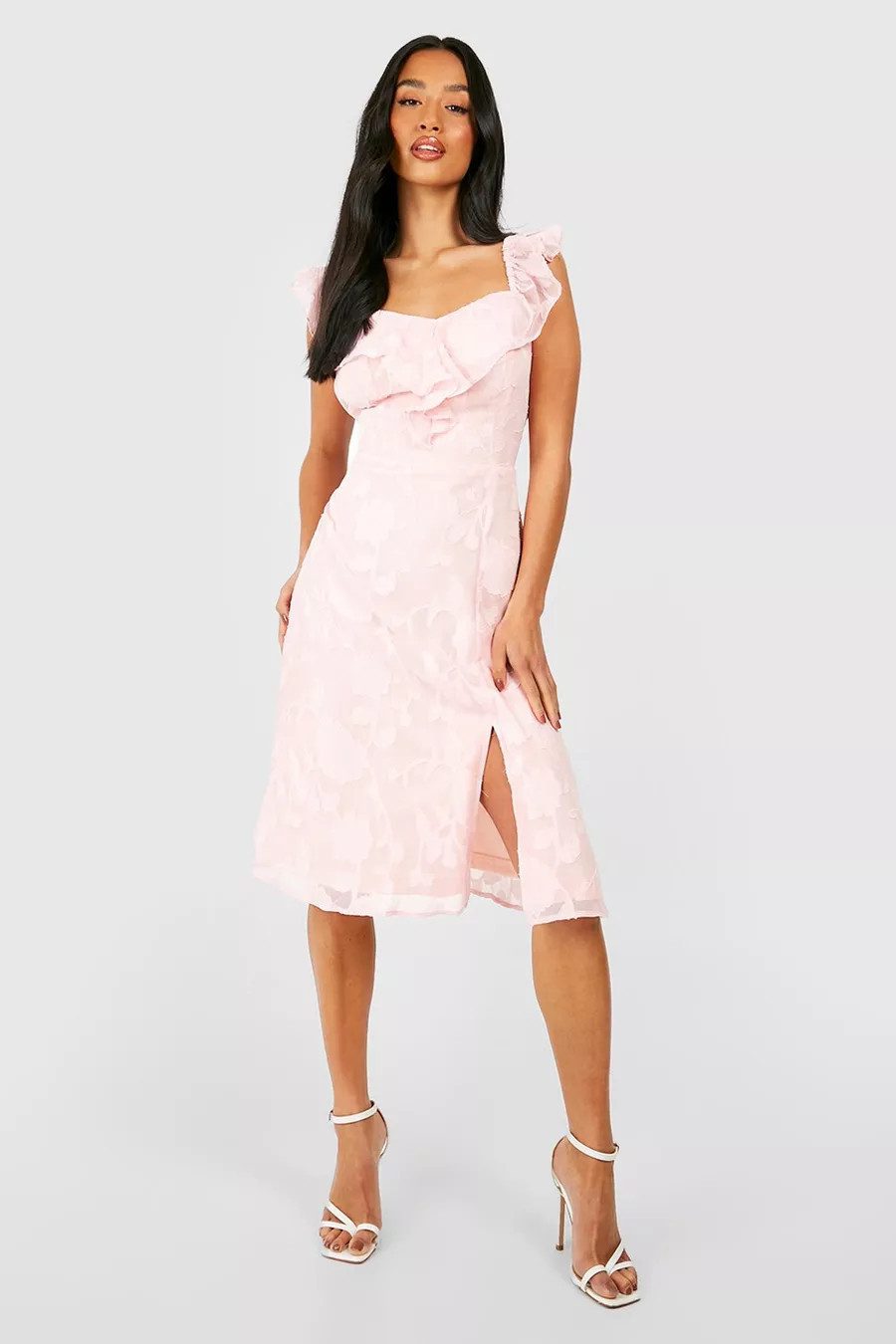 Petite Floral Jacquard Ruffle Midi Dress | Boohoo.com (US & CA)