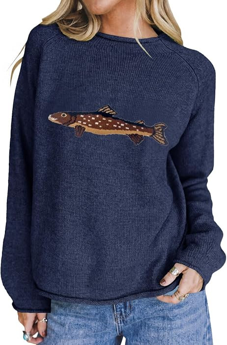 Tankaneo Womens Fish Graphic Oversized Sweaters Lightweight Knit Pullover | Amazon (US)