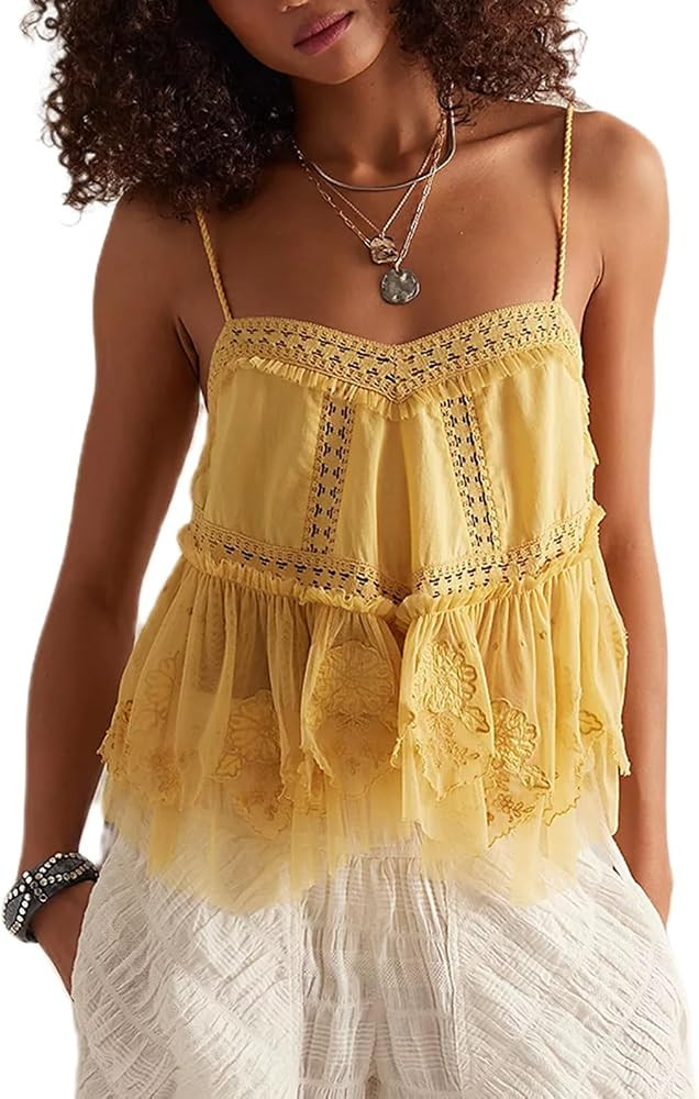 Women Y2K Lace Patchwork Cami Top Sexy Solid Color Sheer Mesh Ruffled Hem Flowy Tank Top Summer B... | Amazon (US)