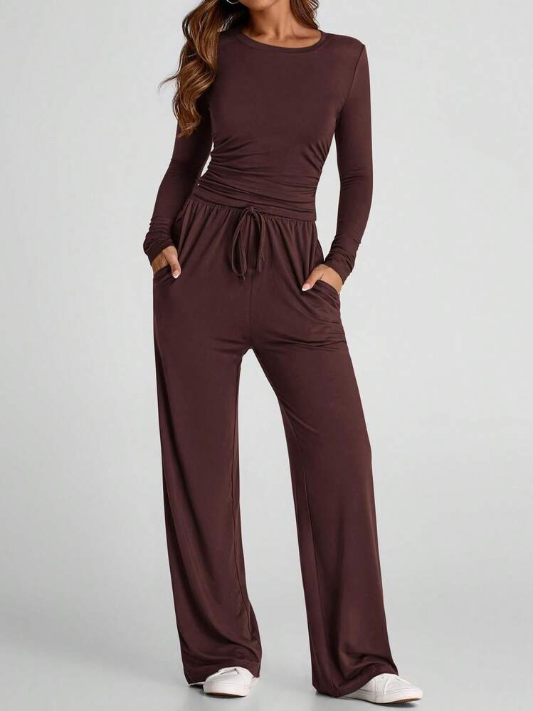 Women's Solid 2-Piece Casual Set Long Sleeve Top & Wide Leg Pants Loungewear | SHEIN