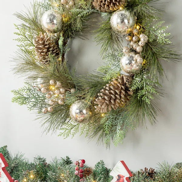 24"D Christmas Lit Frosted Ball Berry Holly Pine Pinecone Wreath With Lights | Wayfair North America