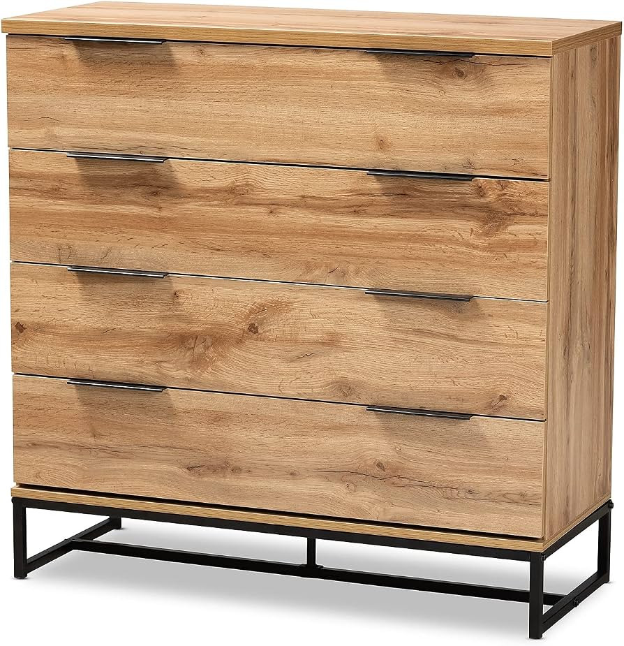 Baxton Studio Reid Industrial Oak Finished Wood Black Metal 4-Drawer Dresser | Amazon (US)