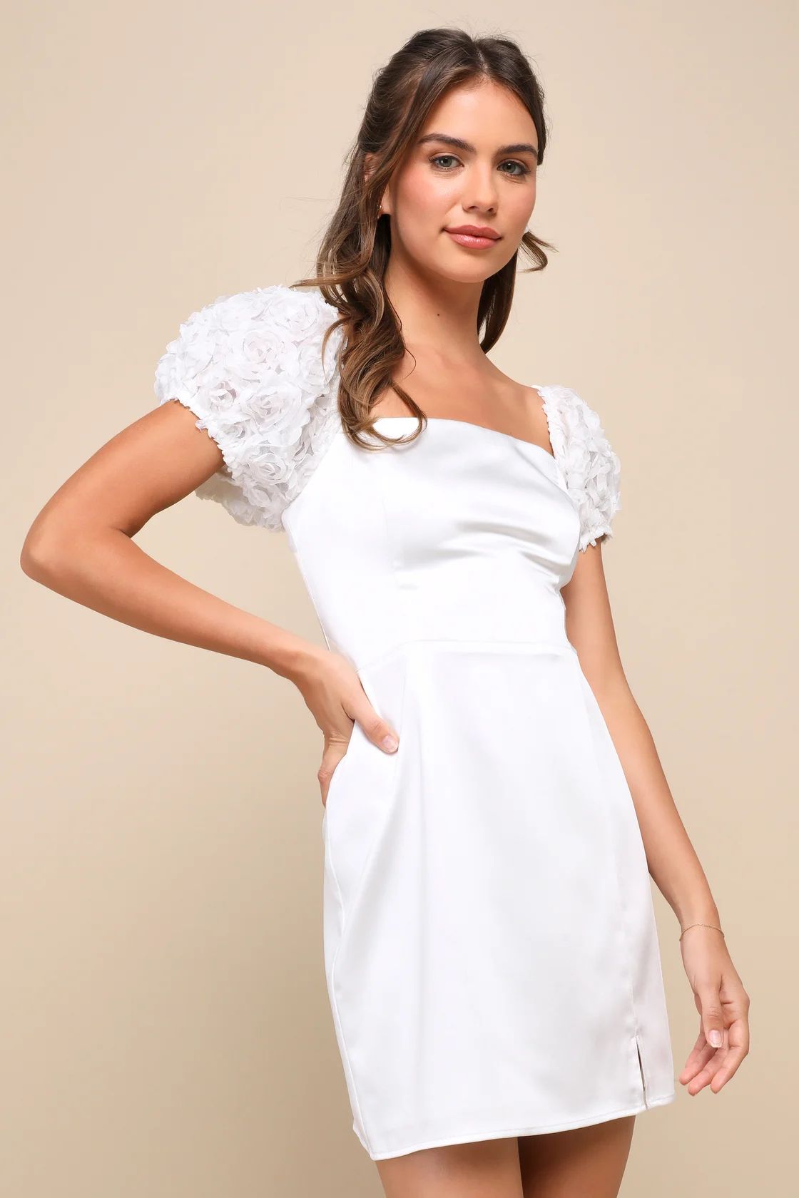 Precious Enchantment White Satin Floral Puff Sleeve Mini Dress | Lulus