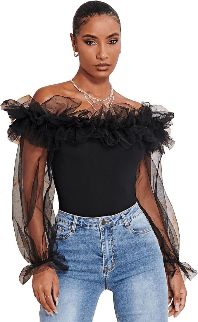 OYOANGLE Women's Ruffle Off Shoulder Blouse Mesh Puff Sleeve Party Tops Fitted Tee Shirt | Amazon (US)