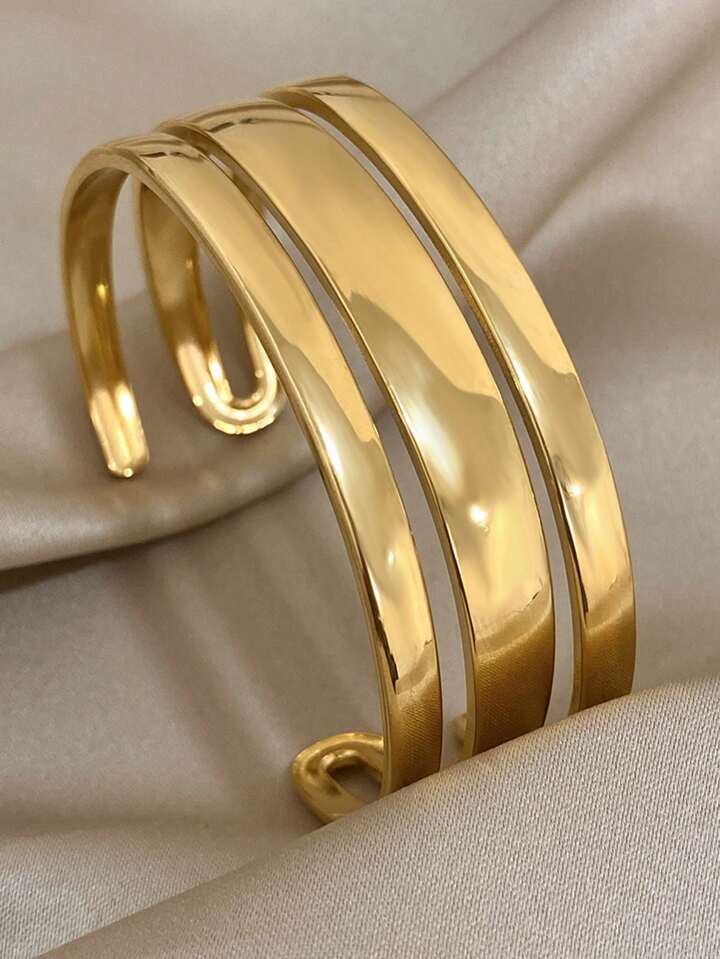 1 Pc Gold Color Cuff Bangle Bracelets For Women Teen Girls Fashionable Wide Stainless Steel Bracelet Stackable Daily Party Jewelry Valentine's Day Gifts | SHEIN