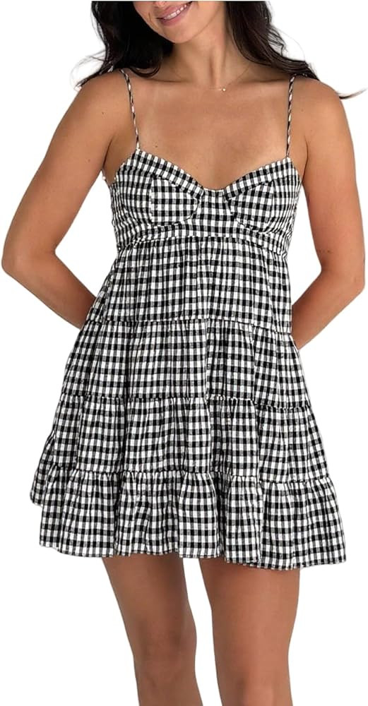 Women Y2k Gingham Dress Spaghetti Strap Tie Back Plaid Mini Dresses Summer Flowy Smocked Sundress | Amazon (US)