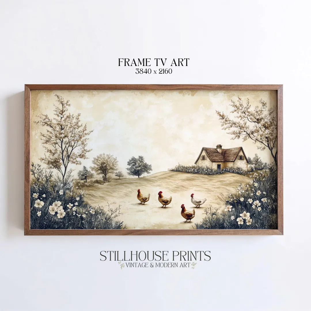 Spring Countryside Frame TV Art, Rustic Cottage Landscape with Chickens, Cottagecore Farm Decor, ... | Etsy (US)