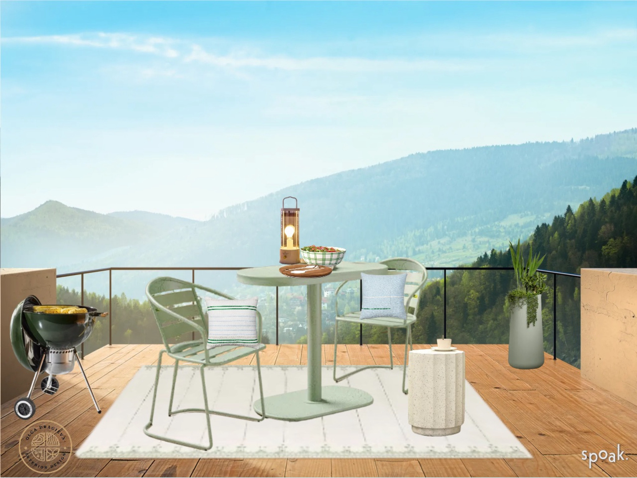 The weather has been perfect for Al fresco dining! Have you updated your porch/outdoor space yet? Here is a beautiful green outdoor dining set from Wayfair. I love this cement outdoor side table. Outdoor rug, Weber grill, green outdoor planter, moodboard 