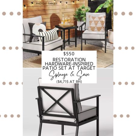 🚨Brand new find🚨 Restoration Hardware’s Trousdale Patio Set is inspired by French neoclassical garden furnishings and features a modern, minimalist style.  Each piece is sold separately and the entire seat features everything from patio dining furniture to a sofa. It’s made of powdercoated aluminum and features classic details such as X-Brace backs on the chairs, tapered legs, stepped corners, and cushions with piped edges (note that the cushion sets are sold separately).  

I found modern aluminum patio sets (dining sets, club chairs, conversation sets, and sofas) at Target, Sam’s Club, and World Market.  They feature a minimalist design, straight lines, x-back accents on the chairs, and white cushions with black piping. Note that the cushions are included in the Target, Sam’s Club, and the World Market patio sets.

*All photos above are of the Saves; if you want to see photos of the Splurge, go ahead and click the links in the blog post!

#target #targethome #targethaul #targetfinds #targetrun #samsclub
#patioset #patio #outdoor #backyard #coastal #lookforless #dupes #copycat #lookalike #homedecor #furniture #decor #restorationhardware. restoration hardware trousdale patio set dupe. Restoration hardware dupes. Restoration hardware style. Modern patio set. Metal patio set. Aluminum patio set. Modern backyard furniture  

#LTKsalealert #LTKhome #LTKSeasonal