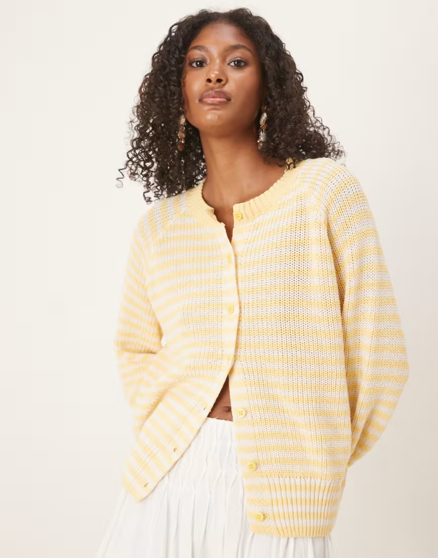 ASOS DESIGN knit raglan cardigan in buttermilk yellow stripes-Multi | ASOS (Global)