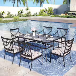 PHI VILLA 7-Piece Metal Outdoor Dining Set with Rectangle Table and Stylish Chairs with Beige Cus... | The Home Depot