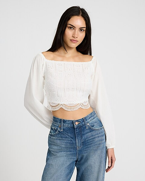 Smocked Crochet Long Sleeve Crop Top | Express