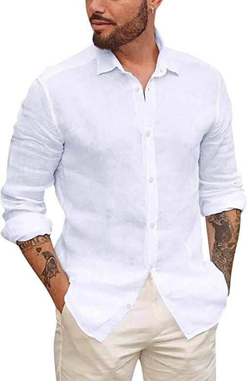 Mens Button Up Shirts Long Sleeve Linen Beach Casual Cotton Summer Lightweight Tops | Amazon (US)