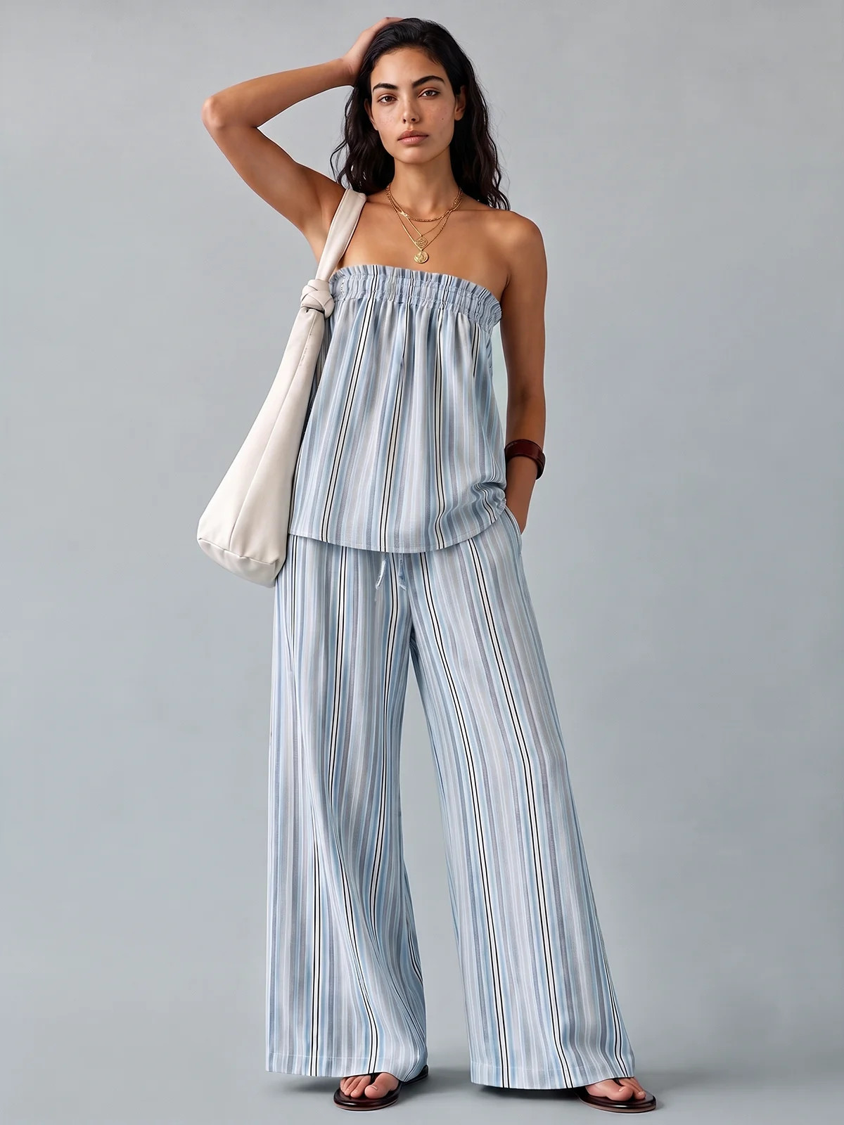 Striped Tube Top & Drawstring Pants Set | Commense