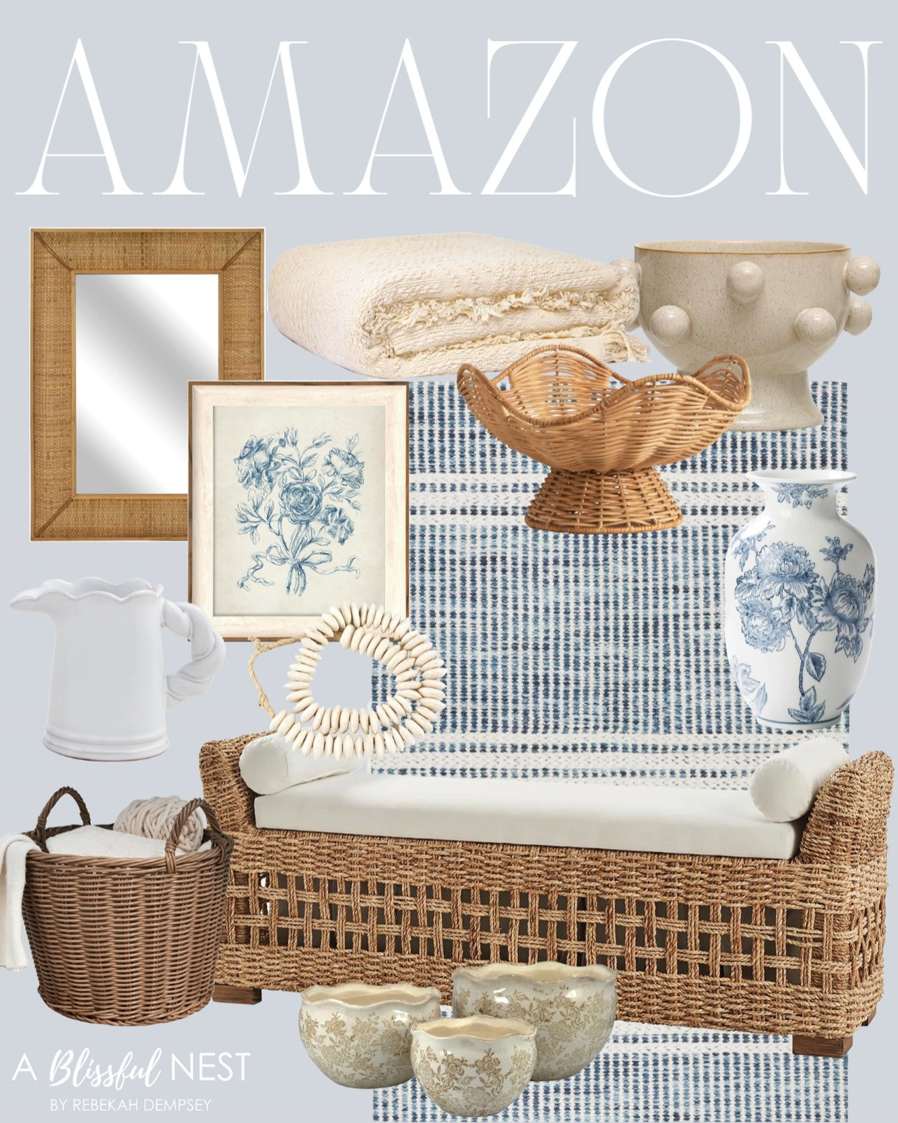 Blue and white accents mixed with natural tones done right. See everything here.
white bone beads saucer, boho rattan wall mirror, twisted handle pitcher vase, woven resin wicker basket, ceramic plant pots, vintage wall art, blue and white vase, round stoneware, wavy rattan pedestal bowl, washable blue area rug, cream throw blanket, rattan storage bench 

 #LTKHome