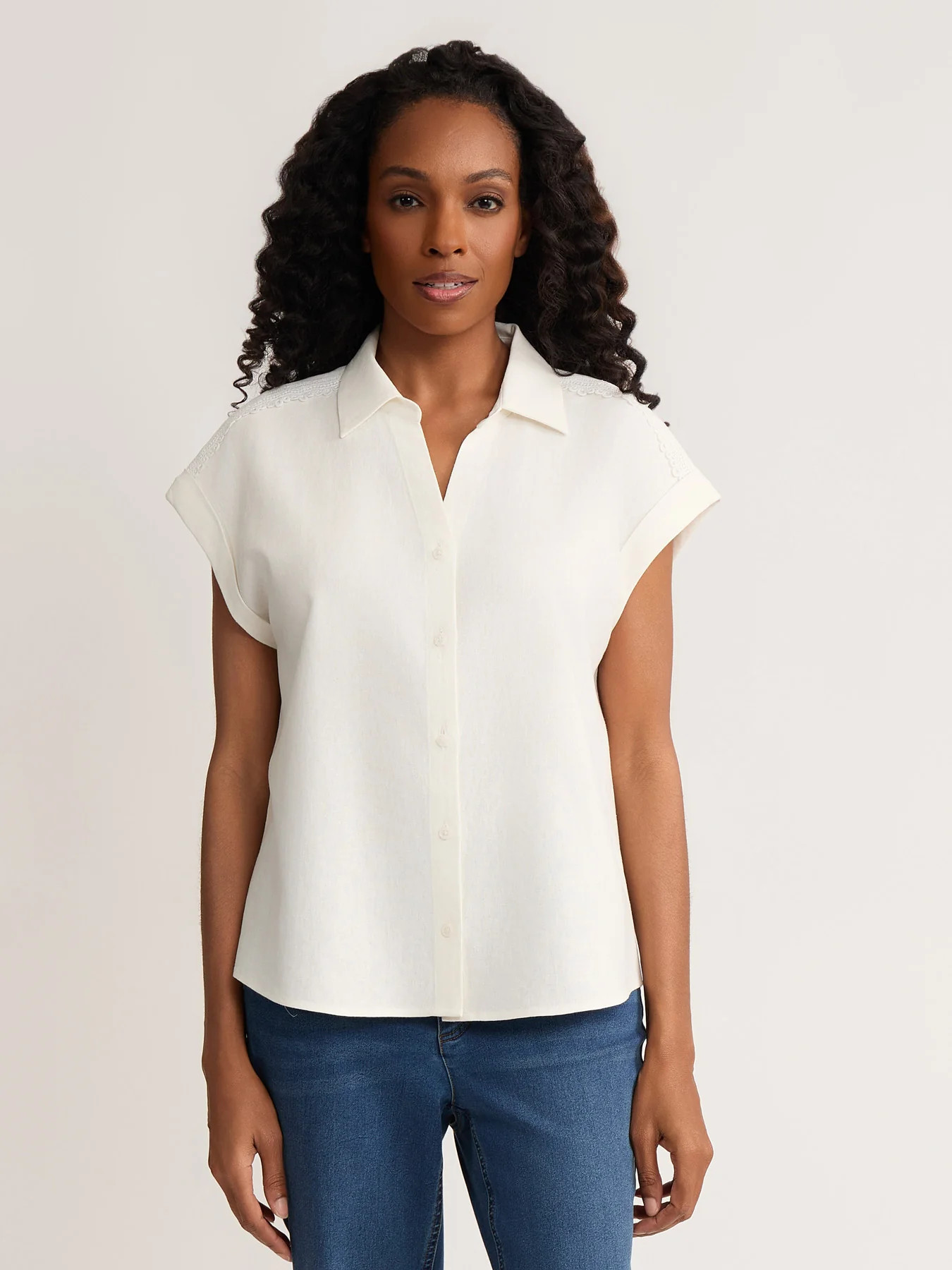 Rolled Sleeve Button Front Blouse, Linen | Jones New York