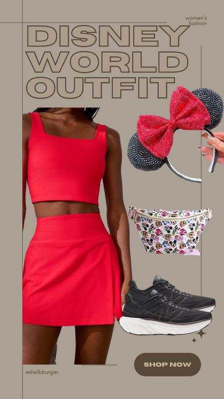 Disney World outfit from r women

New red active set - square neck tank top and lined wrap active skirt skort with shorts
Luxury rhinestone Minnie Mouse ears
Sensational six Mickey Mouse and friends Fanny pack 
Black New balance foam shoes sneakers

#LTKStyleTip #LTKActive #LTKTravel